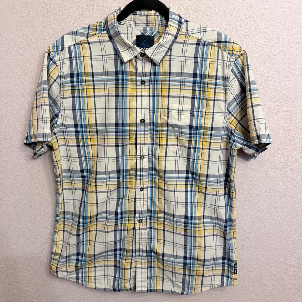 Prana Benton Mens Yellow Blue Plaid Short Sleeve Button Down Organic Cotton Med